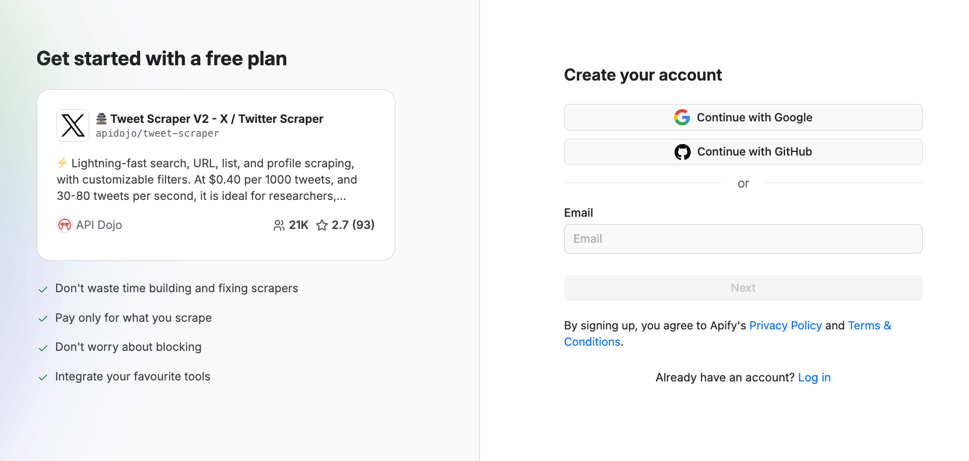 Creating a free account screen with third-party sign-ins