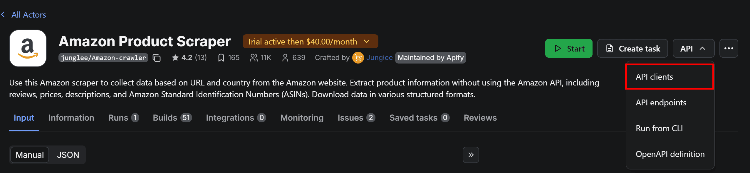 Apify Console - API clients option 