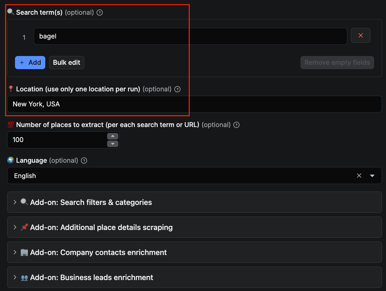 Google Maps Scraper UI - search terms 