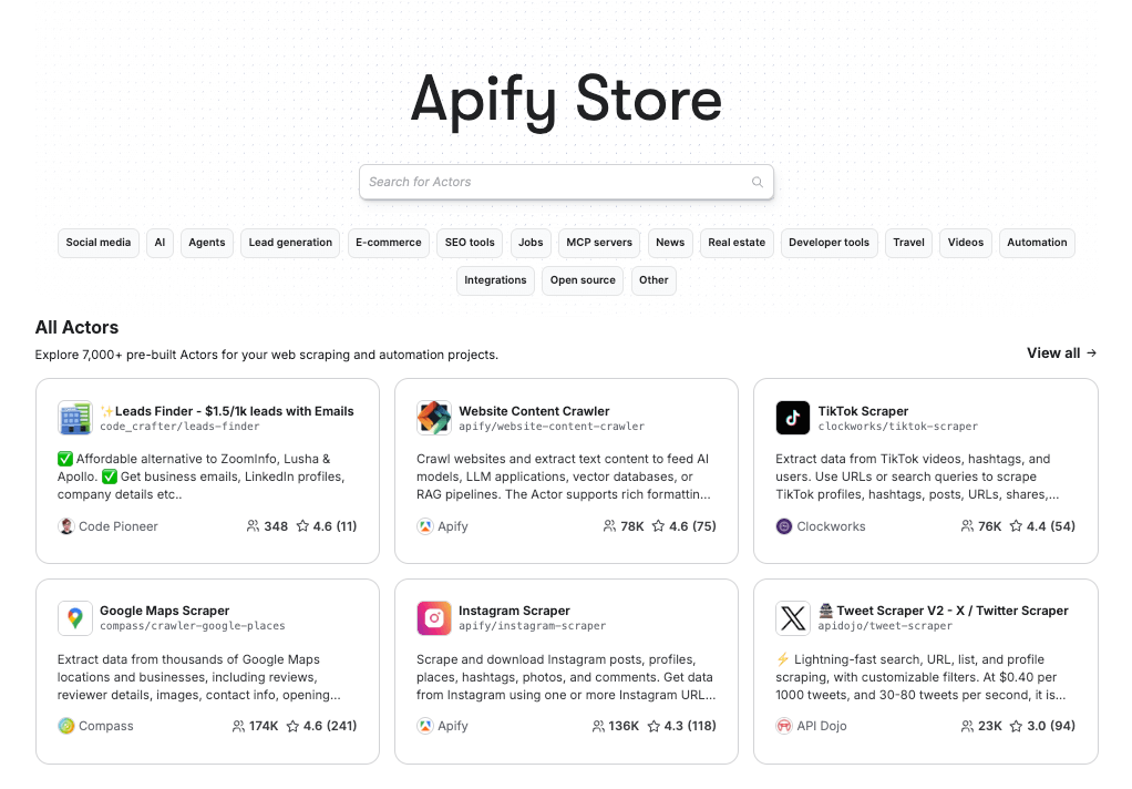 Apify Store with 7000+ pre-built solutions