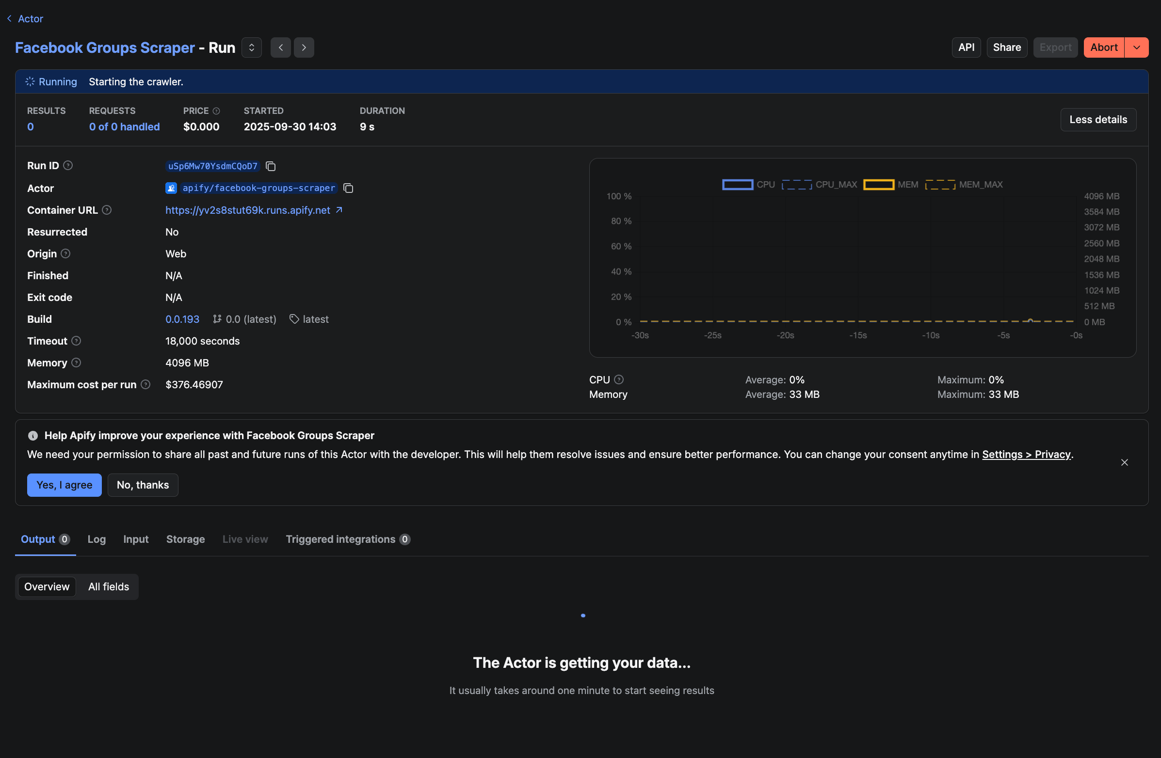 Facebook Groups Scraper running 