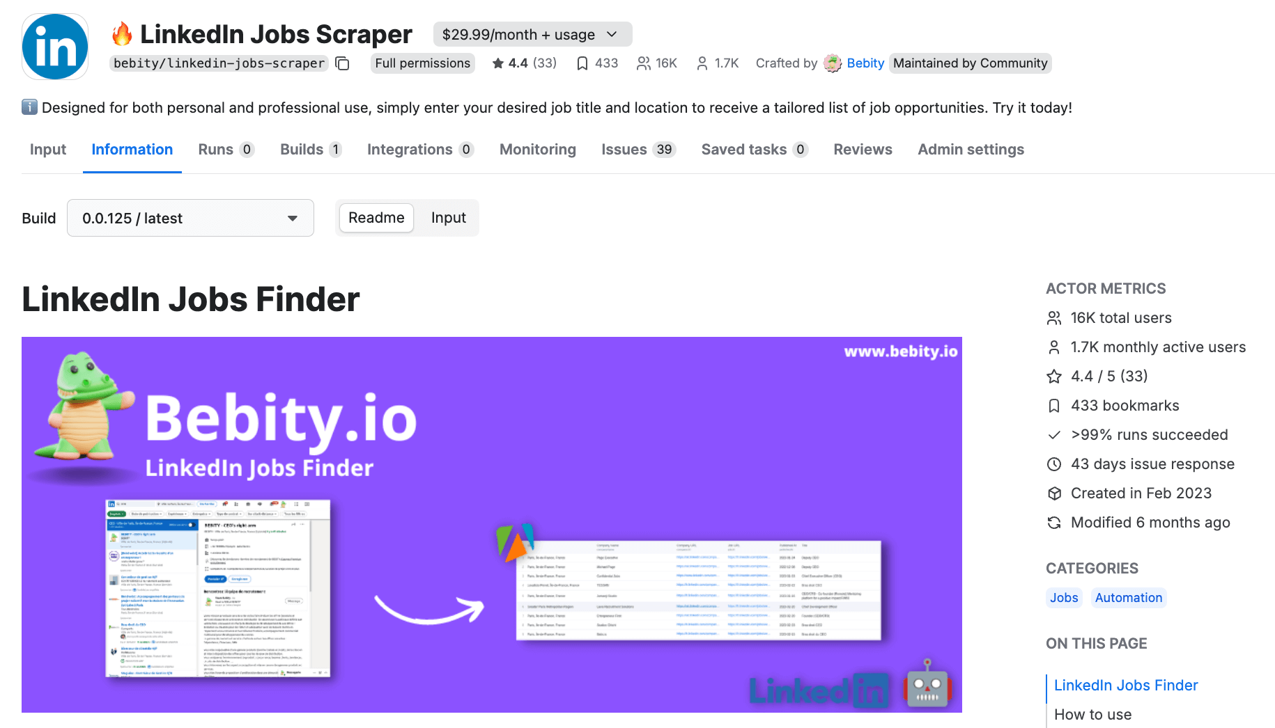 LinkedIn Jobs Scraper by Bebity - an independent creator