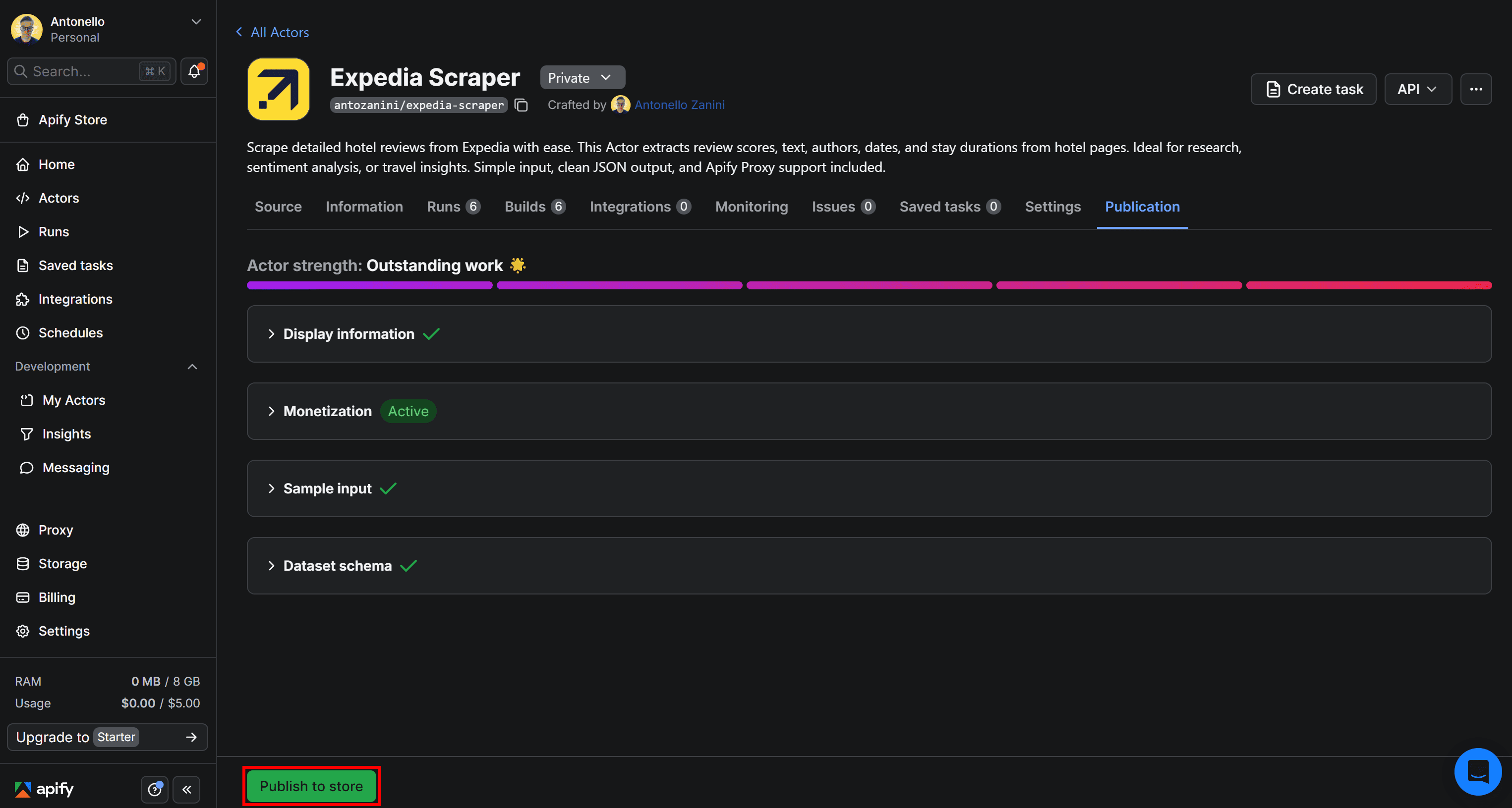 Pressing the "Publish to store” button