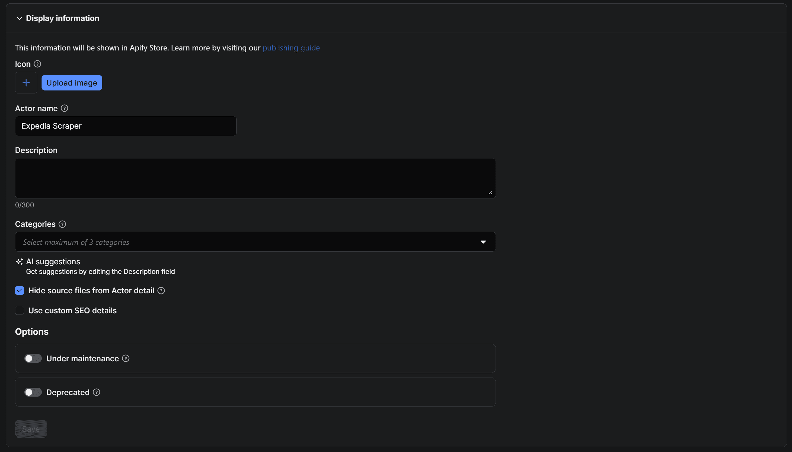 The “Display information” form