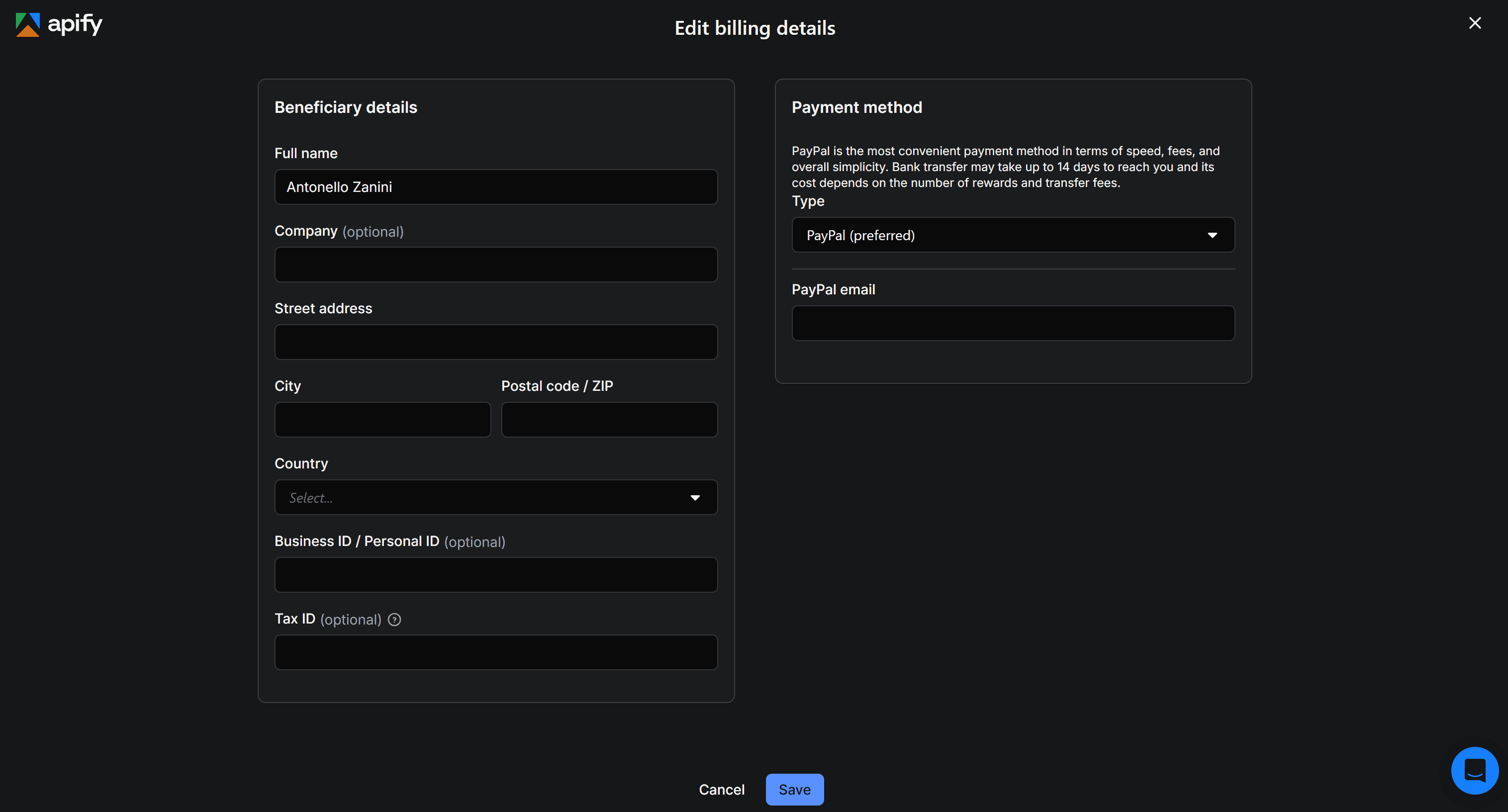 The “Edit billing details” form