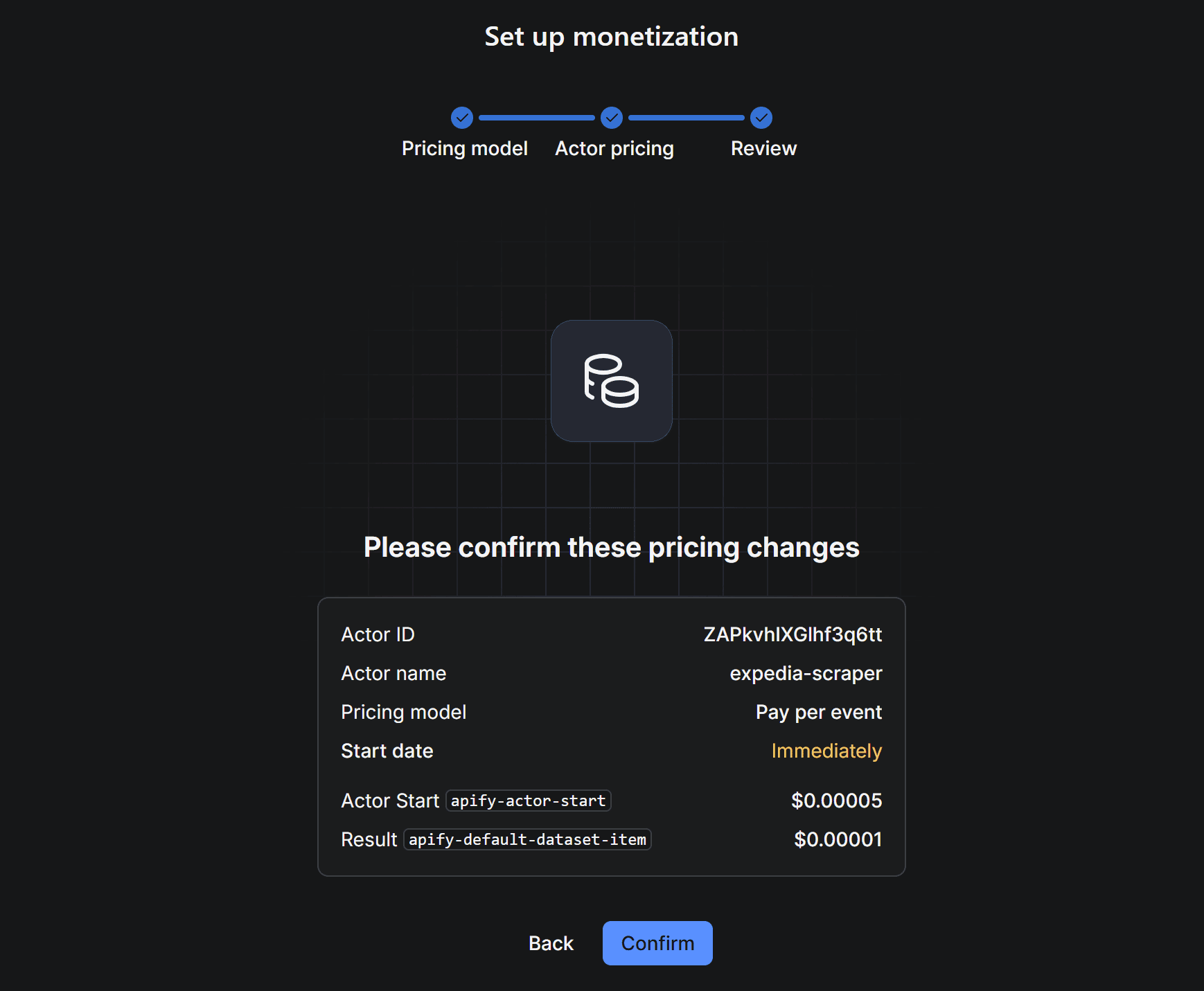 The “Review” step for “Pay per event”