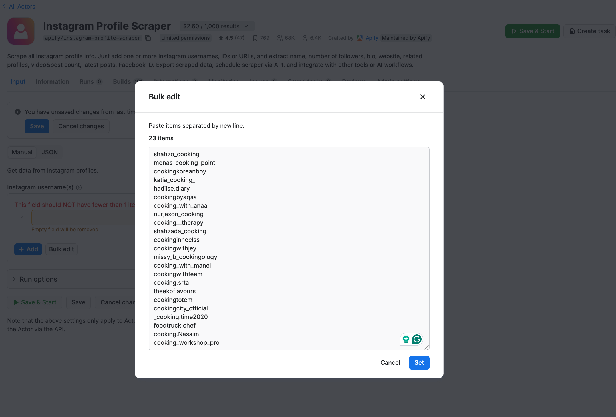 Instagram Profile Scraper’s bulk edit input