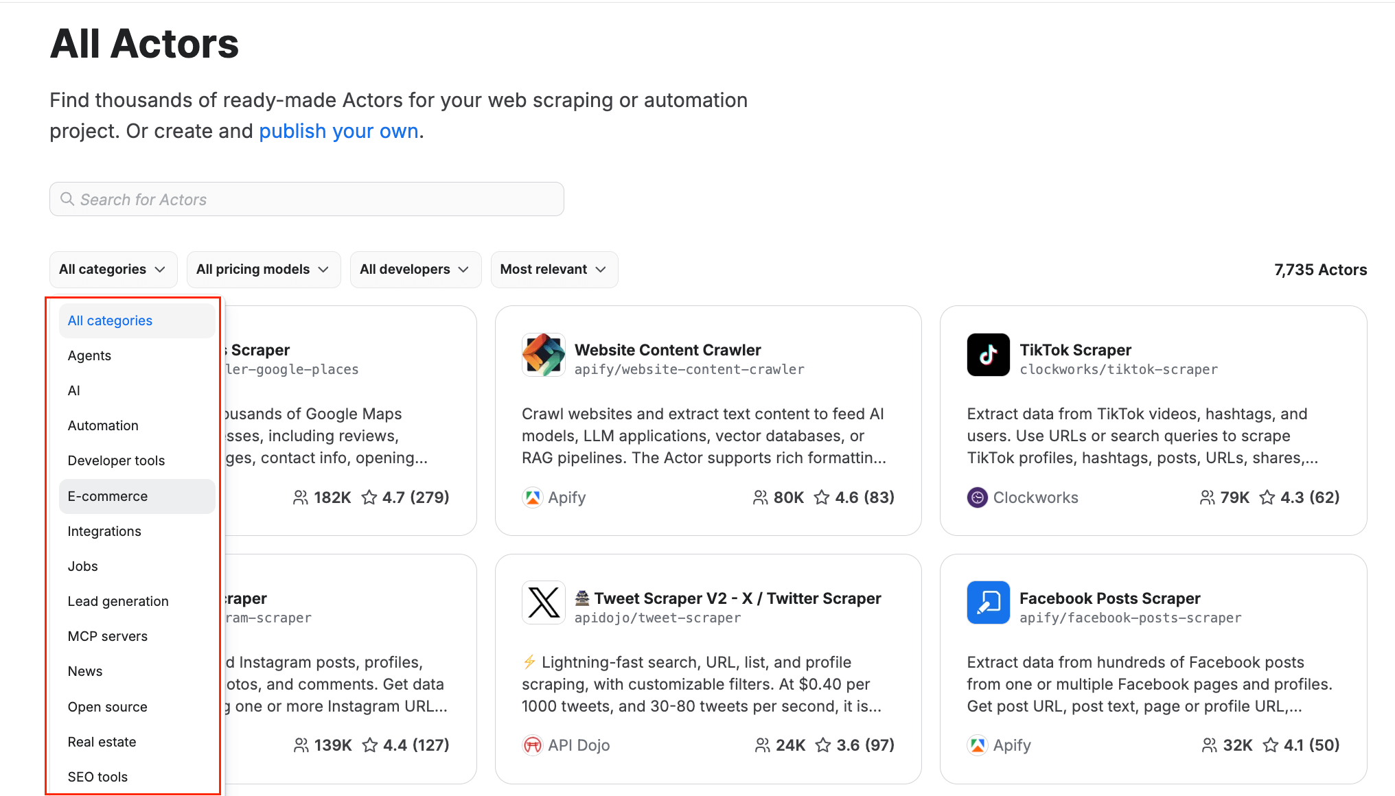 Apify Store categories