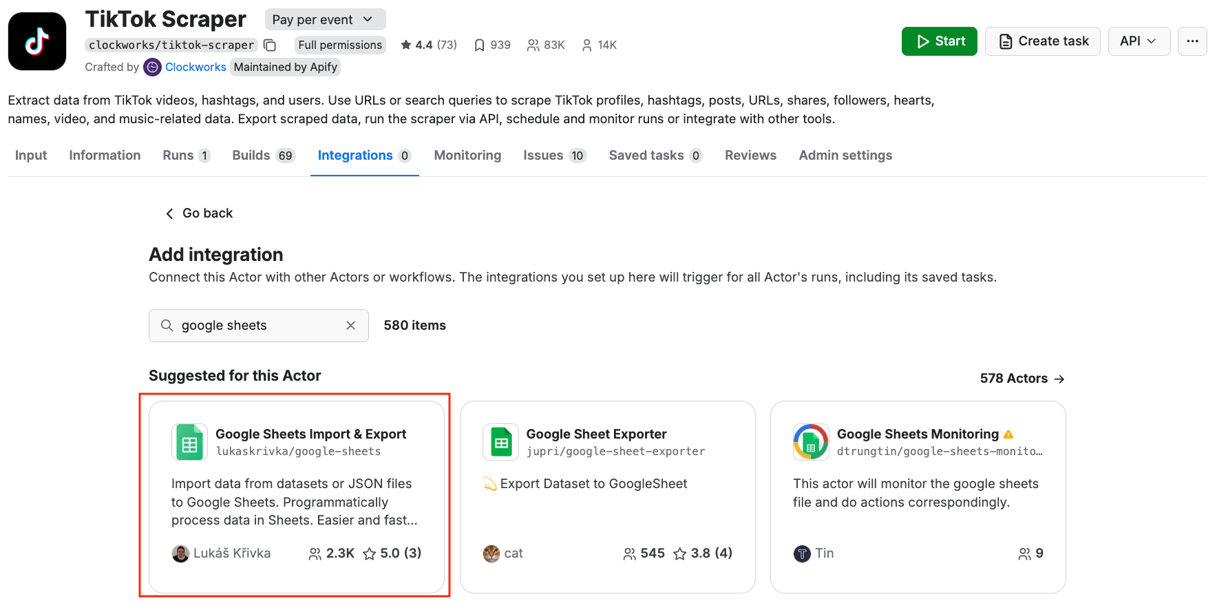 Integration with Google Sheets Import & Export Actor