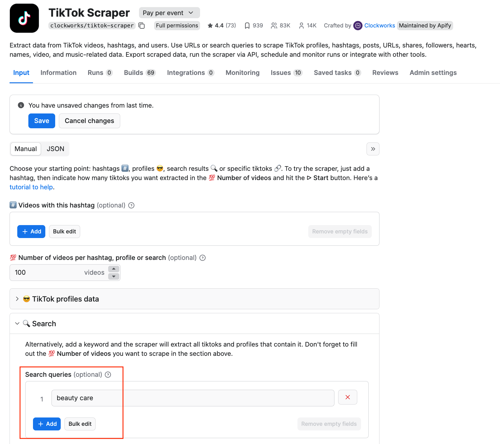 TikTok Scraper Input