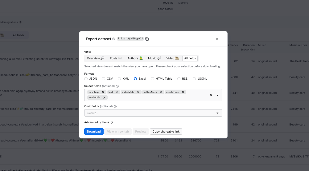 TikTok Scraper: data export