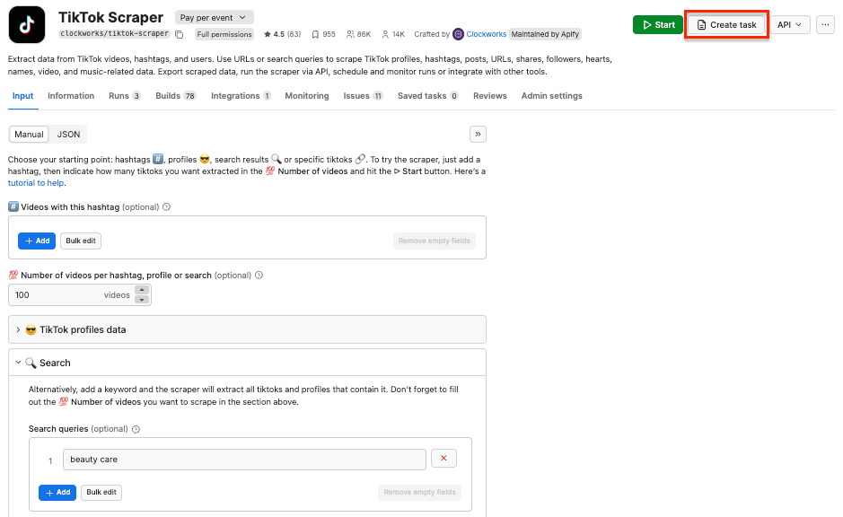 TikTok Scraper: Create task