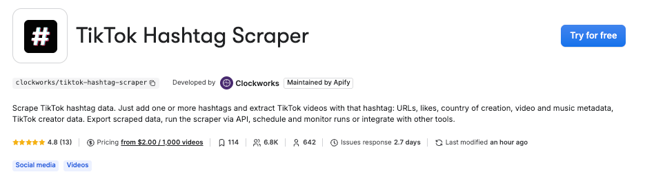 TikTok Hashtag Scraper on Apify Store