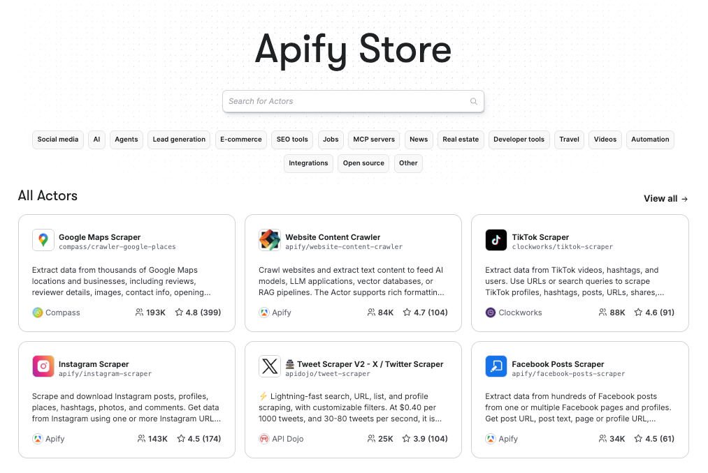 Apify Store - marketplace of web scrapers and automation tools
