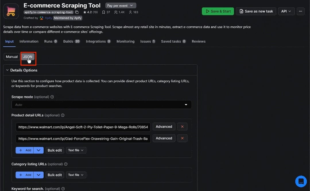 Filling out the Input form and switching to JSON