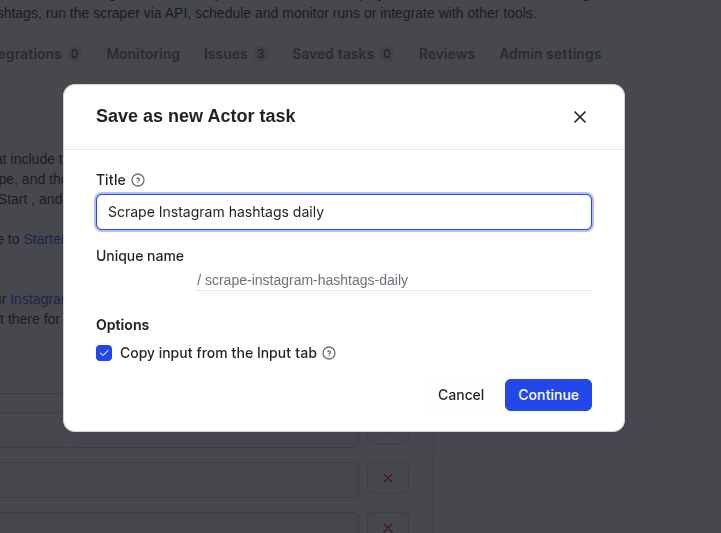 Schedule Instagram Hashtag Scraper