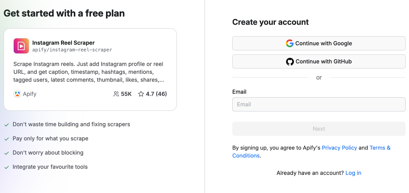 Get started with Instagram Reels Scraper for free today - and get $5 prepaid platform usage Get started with Instagram Reels Scraper for free today - and get $5 prepaid platform usage