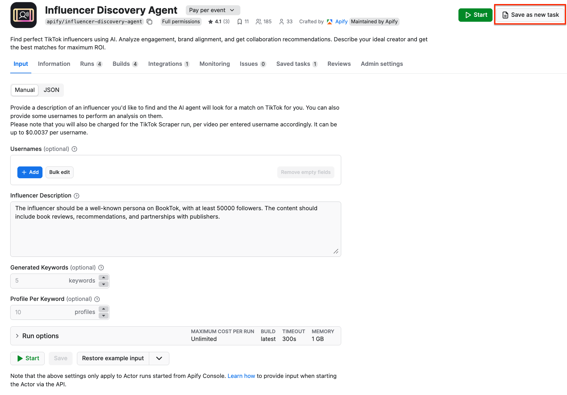 Influencer Discovery Agent - saving a task 