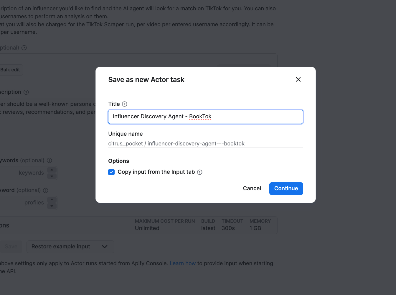 Naming a task in Apify Console 