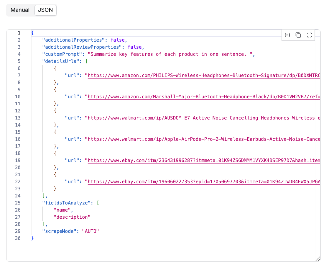 E-commerce Scraping Tool JSON input