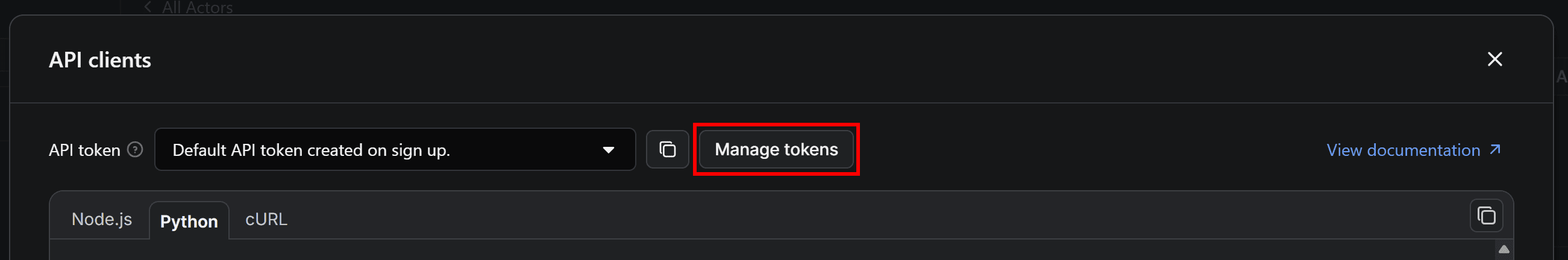 Pressing the Manage tokens button