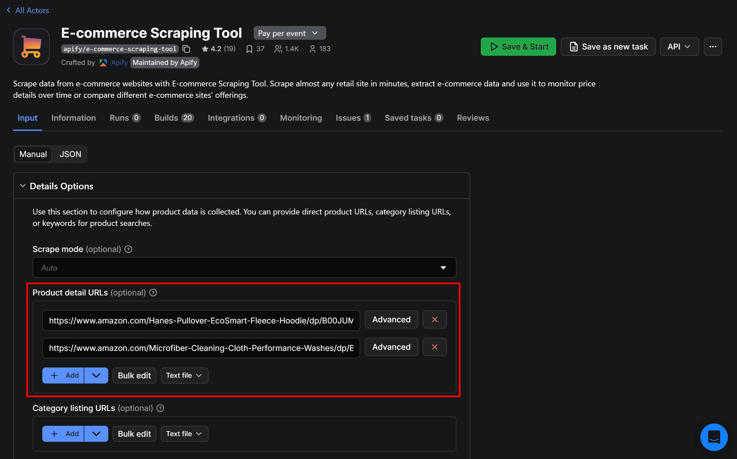 E-commerce Scraping Tool - adding product URLs