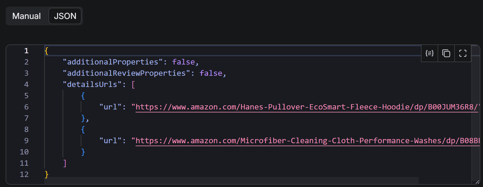The JSON view of the Actor input