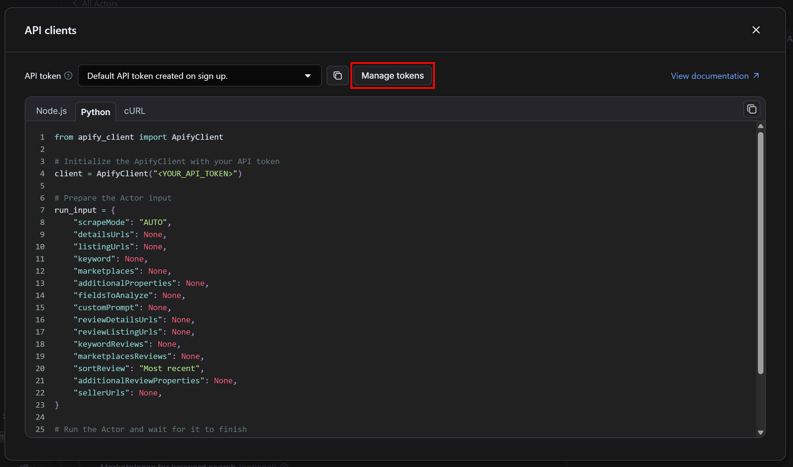 Clicking the Manage tokens button in the API clients modal