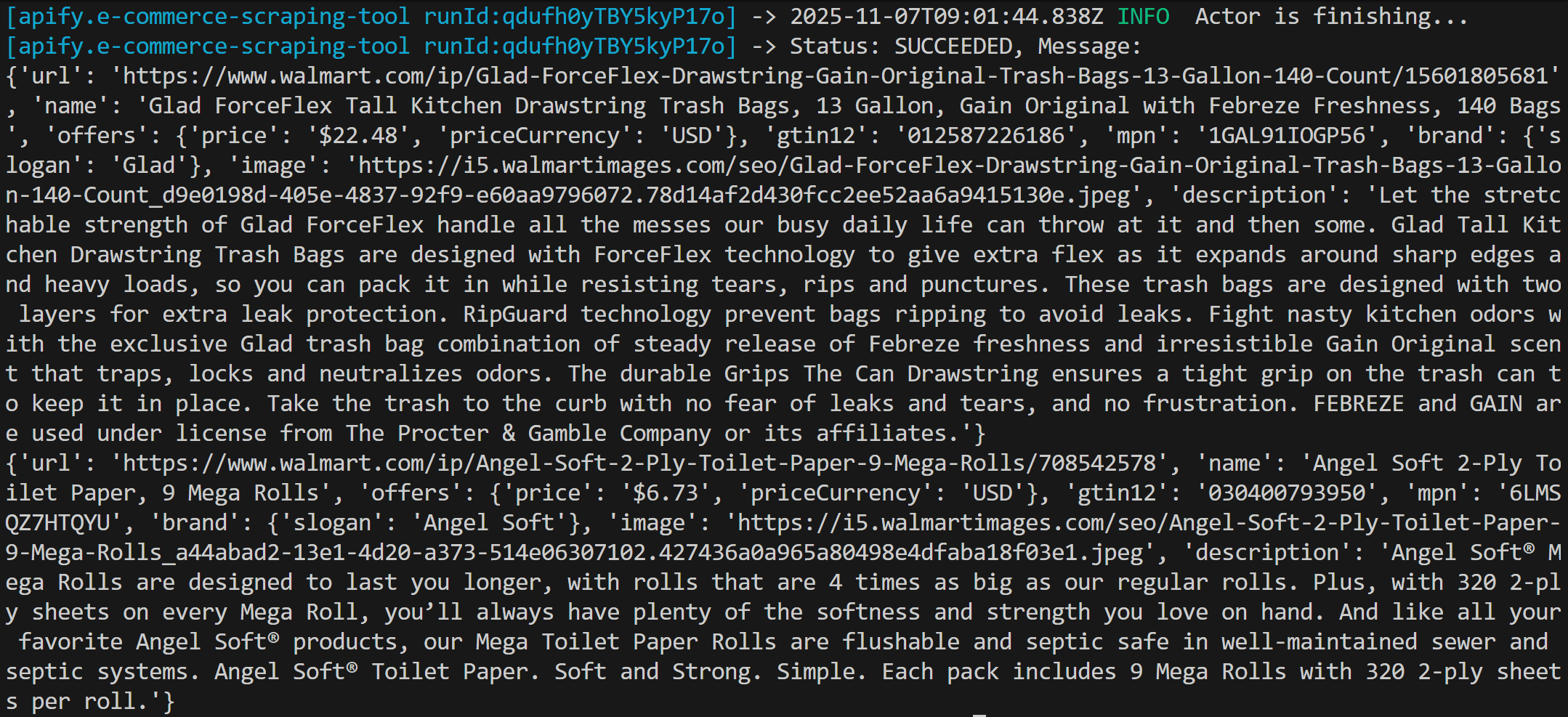 The output produced by the Actor run
