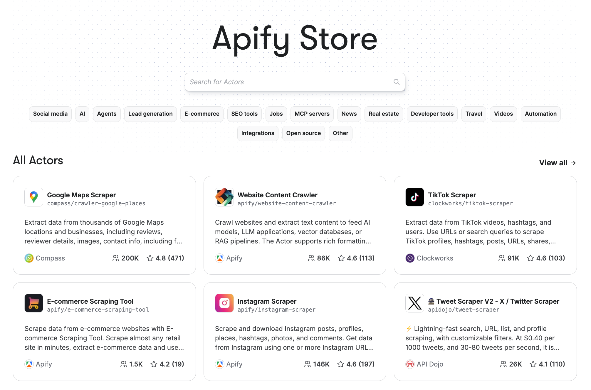 Apify Store with search bar and categories