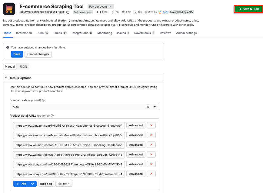 E-commerce Scraping Tool - Start button