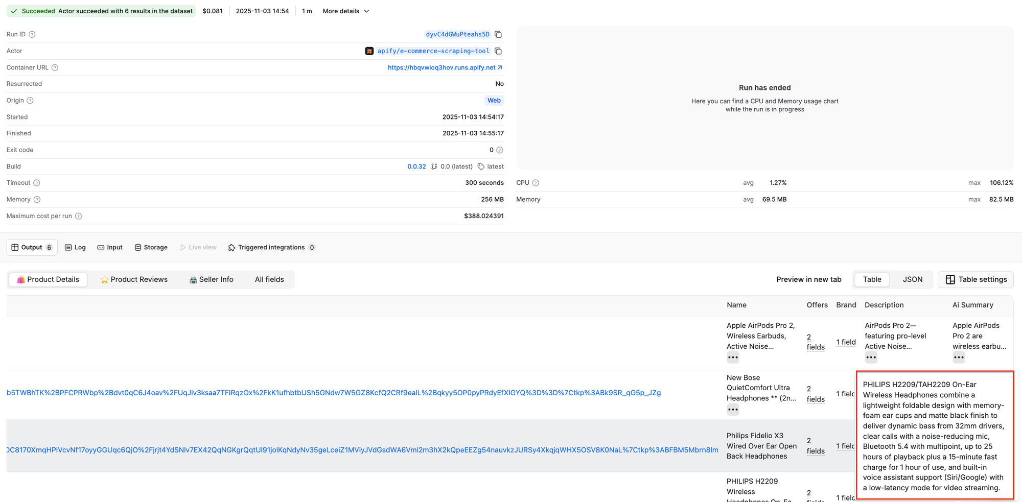 E-commerce Scraping Tool - output with AI feature