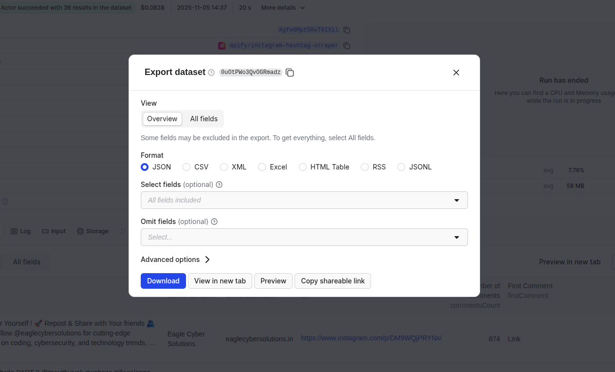 Instagram Hashtag Scraper output