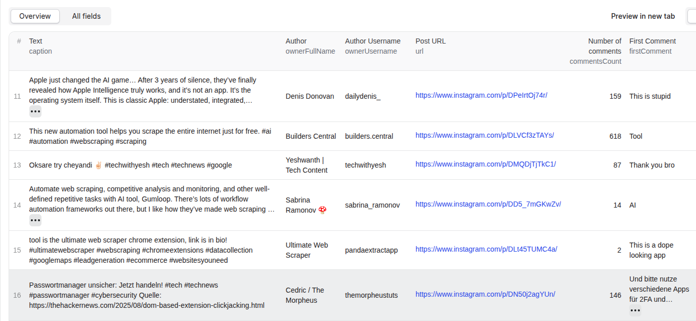Instagram Hashtag Scraper output