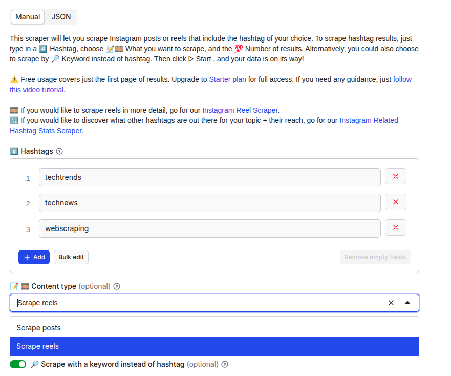 Setting reels as content type in Instagram Hashtag Scraper