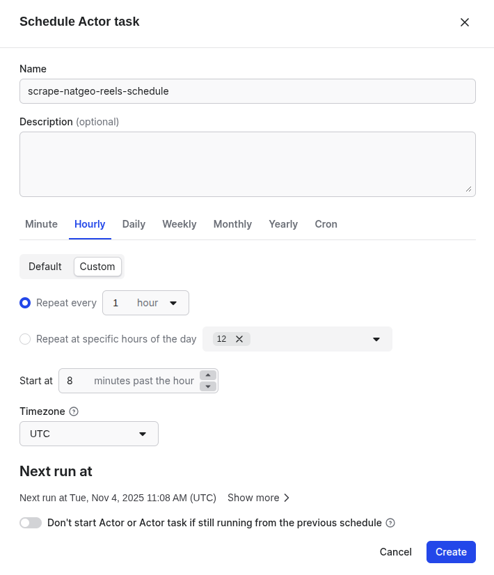 Schedule options for Instagram Hashtag Scraper