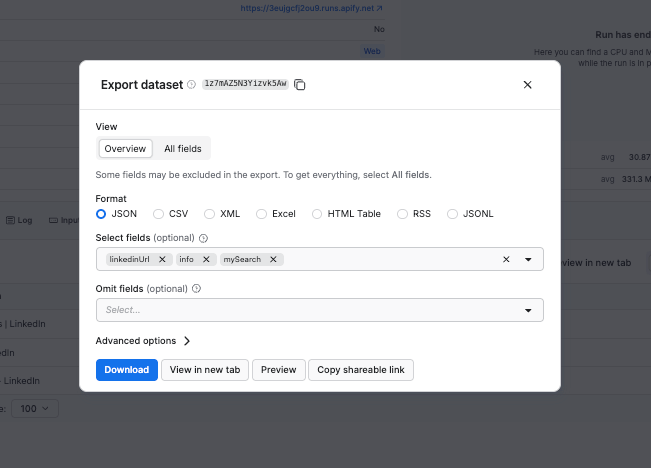Exporting a dataset in JSON