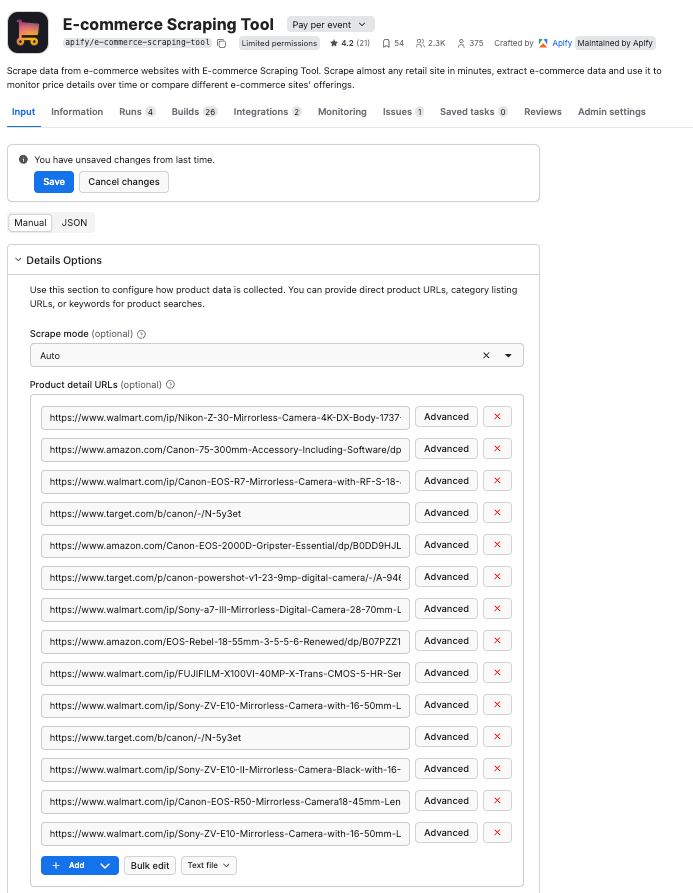 E-commerce Scraping Tool with URLs added as input