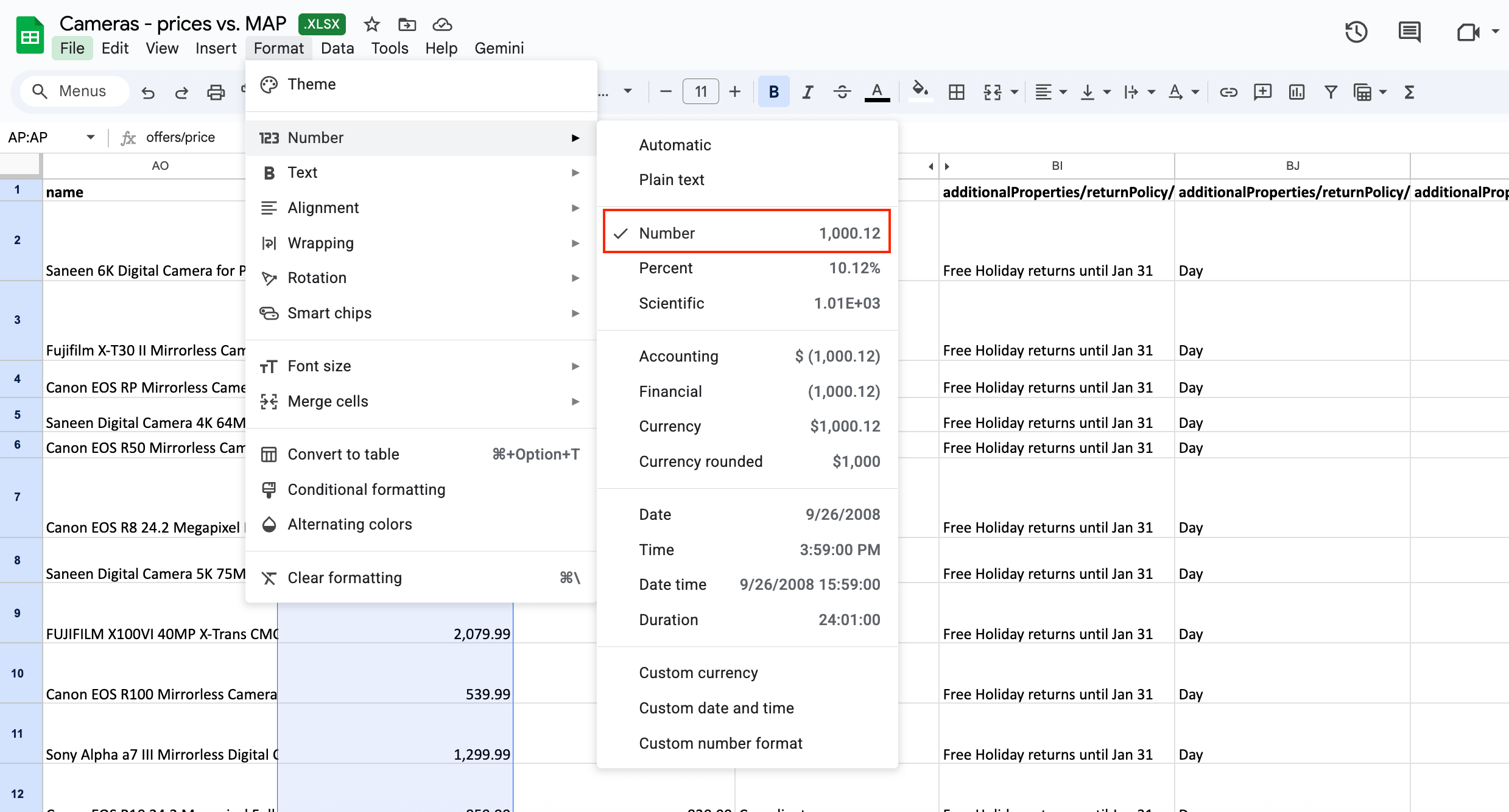Formatting Google Sheets cells
