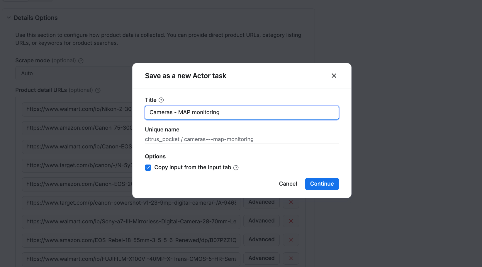 Naming a task in Apify Console