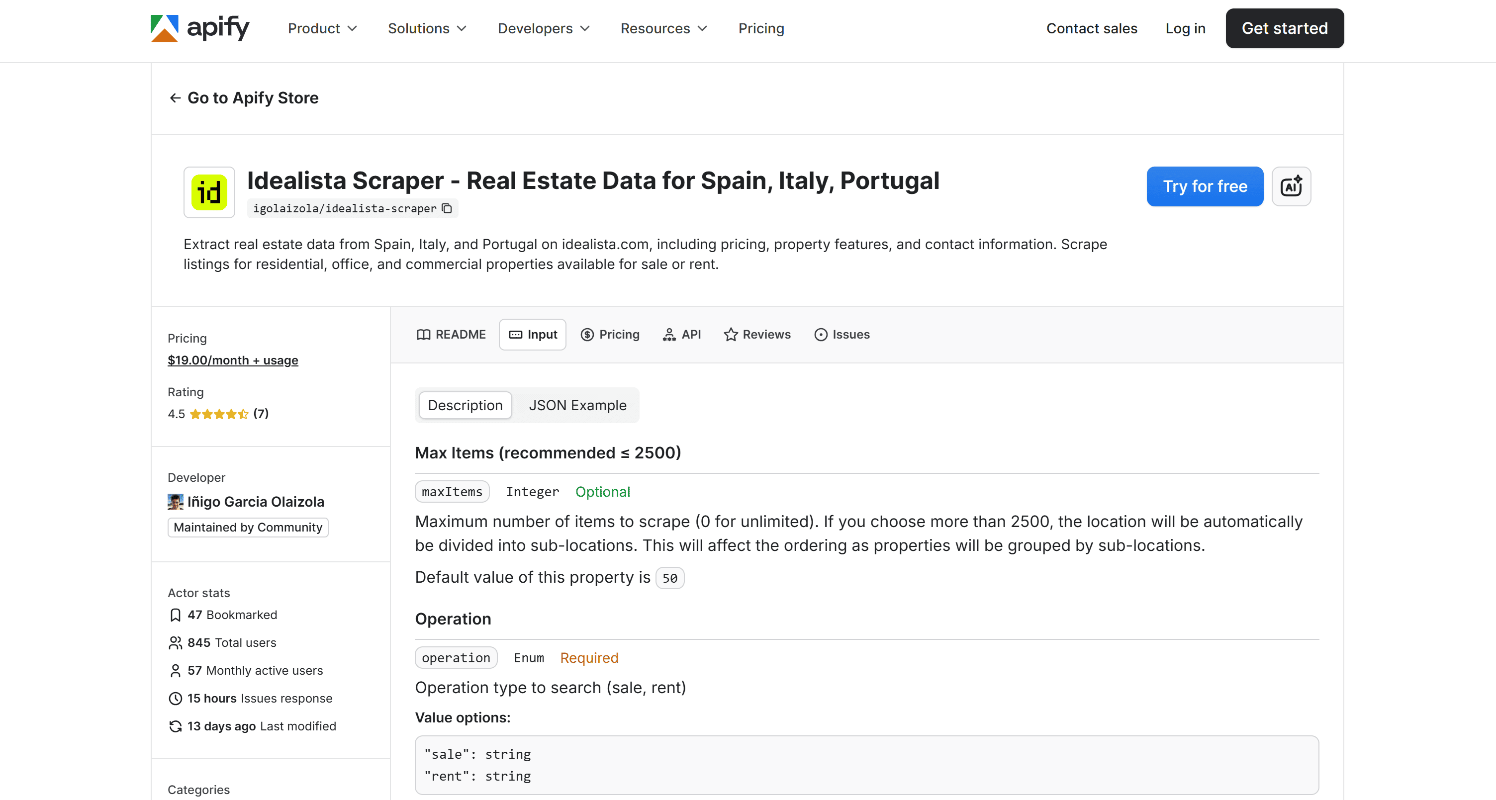 The Input tab for the idealista scraping Actor
