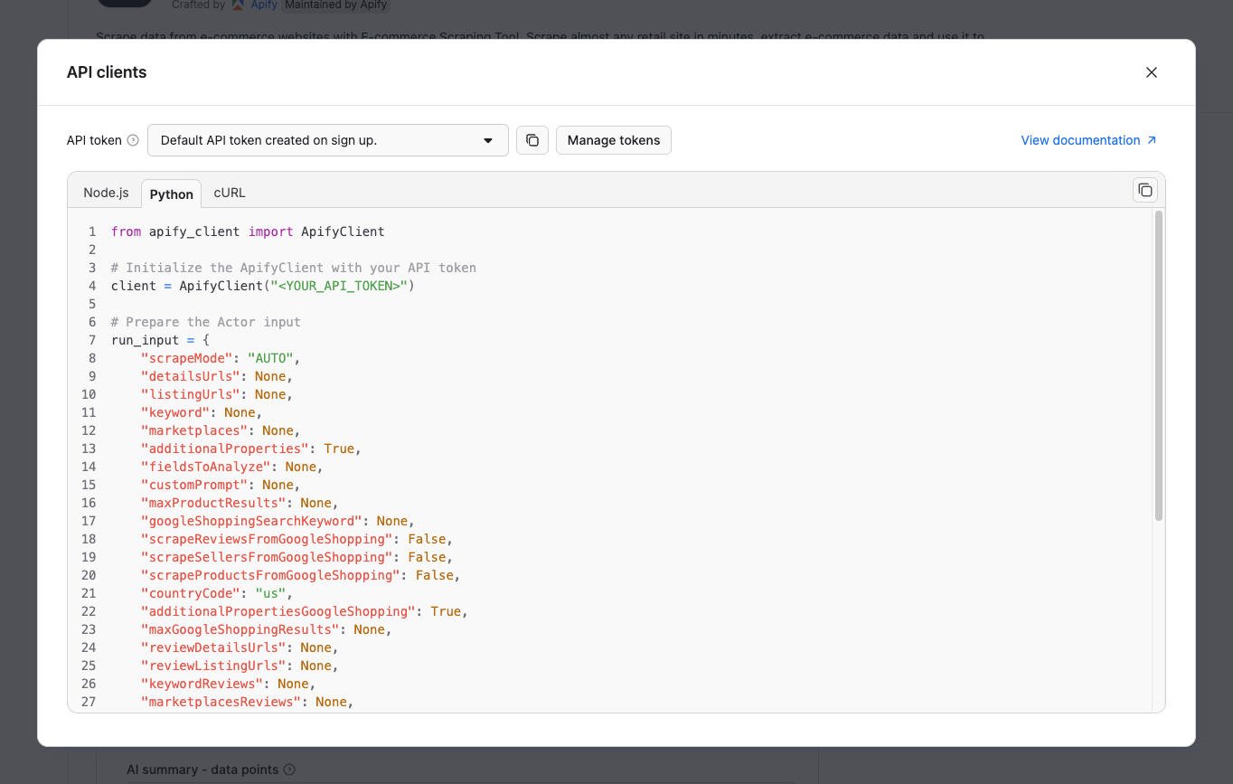 API clients - Python tab