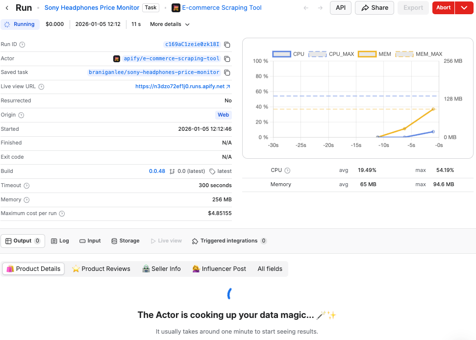 E-commerce Scraping Tool run in progress