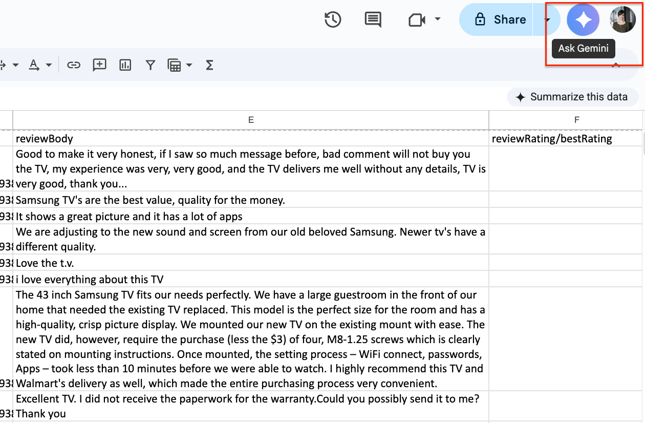 Ask Gemini option in Google Sheets