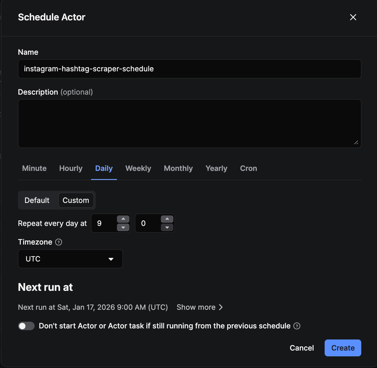 Building the schedule for the actor on Apify