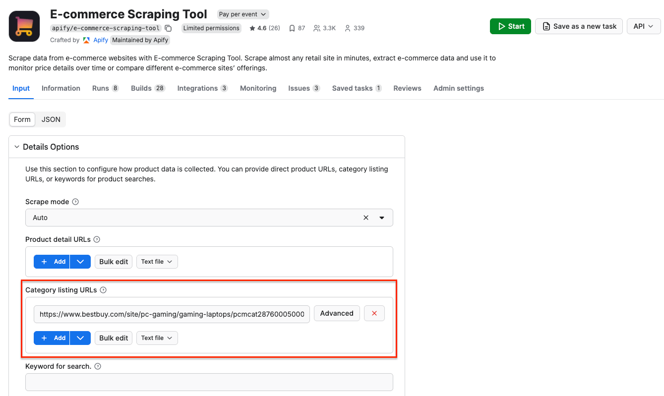 E-commerce Scraping Tool UI