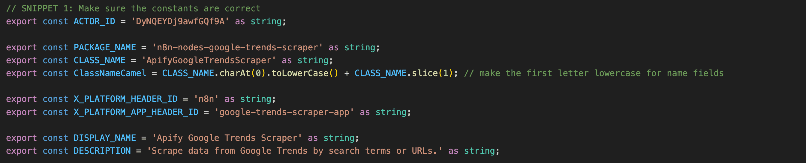 node configuration code snippet from the IDE