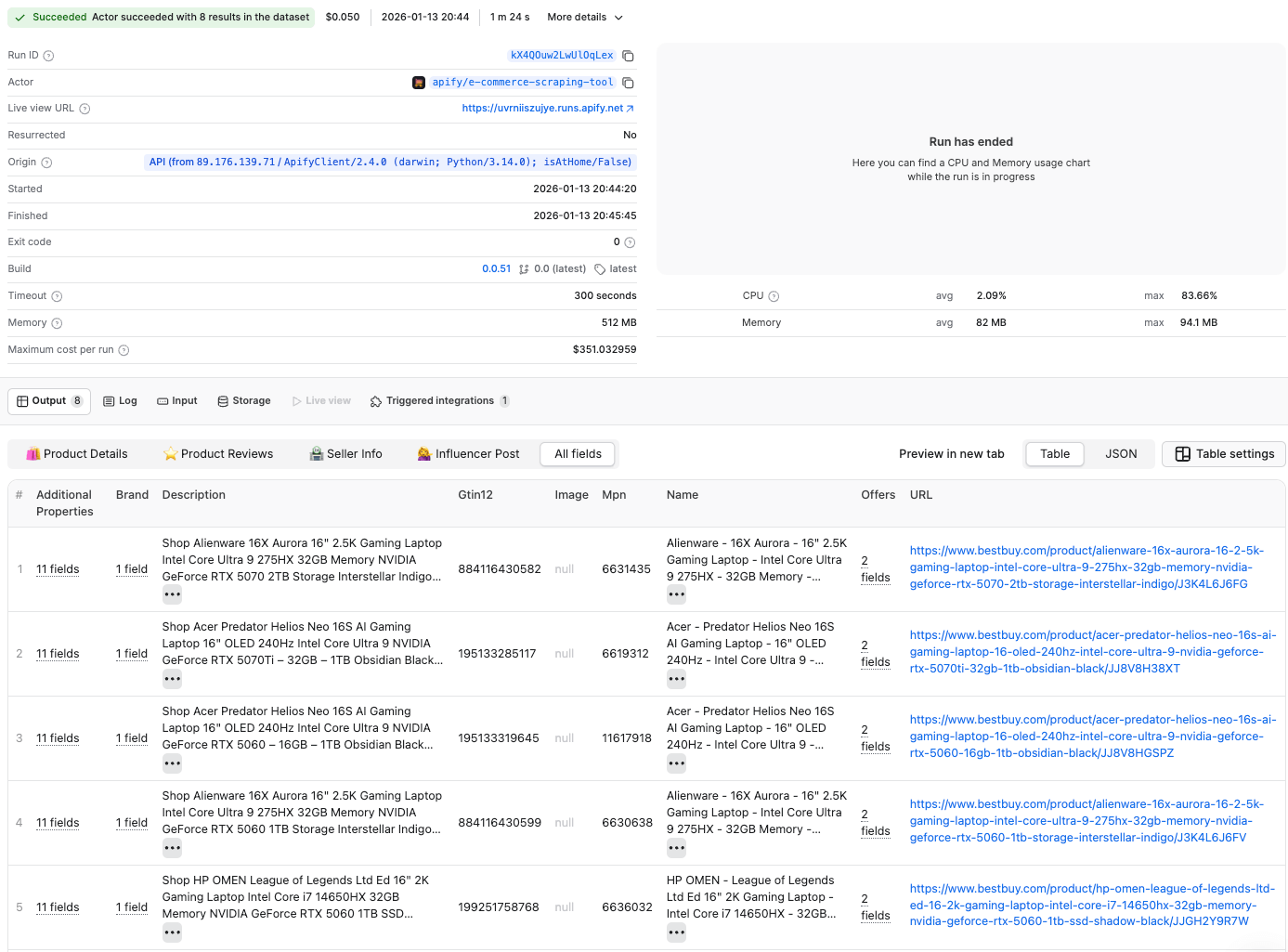 Scraped results - preview 
