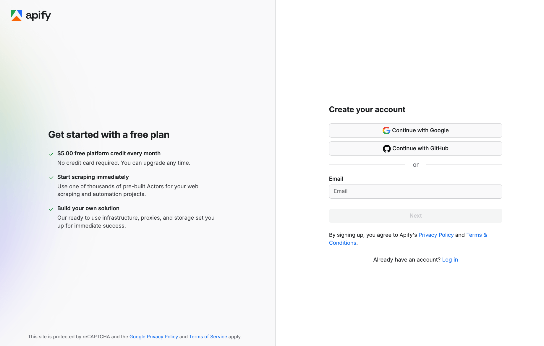 Create a free account or sign up with your Google or GitHub account.