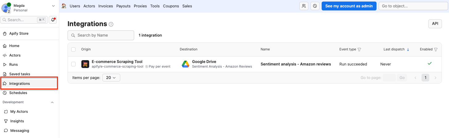 Apify integrations panel 